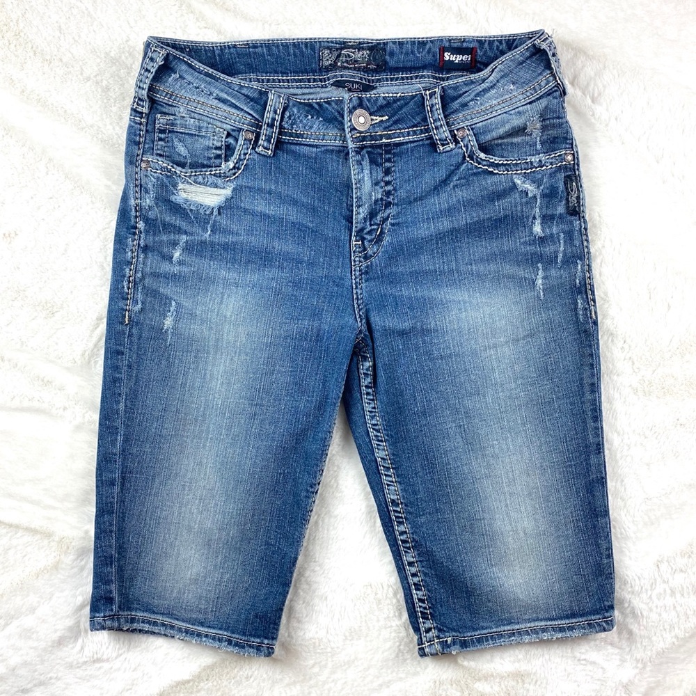 Silver Jeans Distressed Denim Mid Bermuda Shorts
